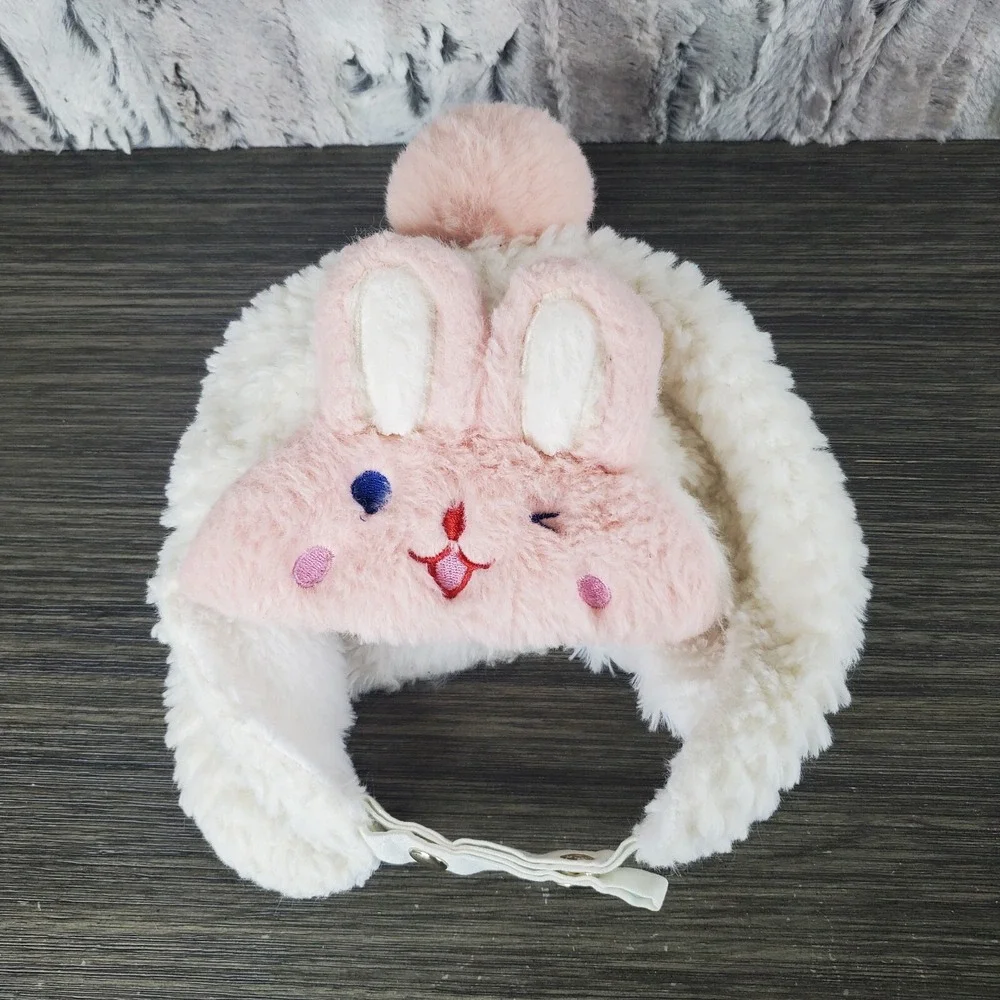 Toddler Fuzzy Pink Bunny Rabbit Hat, Snaps Under Chin OSFM